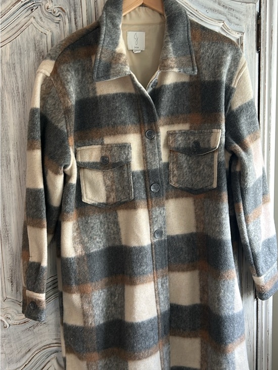 Joie Jackets & Blazers - Joie Cream, Gray & Brown Plaid Wool-Blend shacket